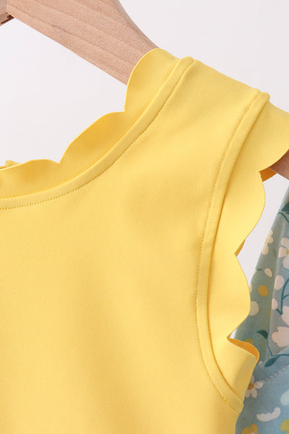 Mustard & Green Floral Bow Crop Top & Skorts Set for Girls