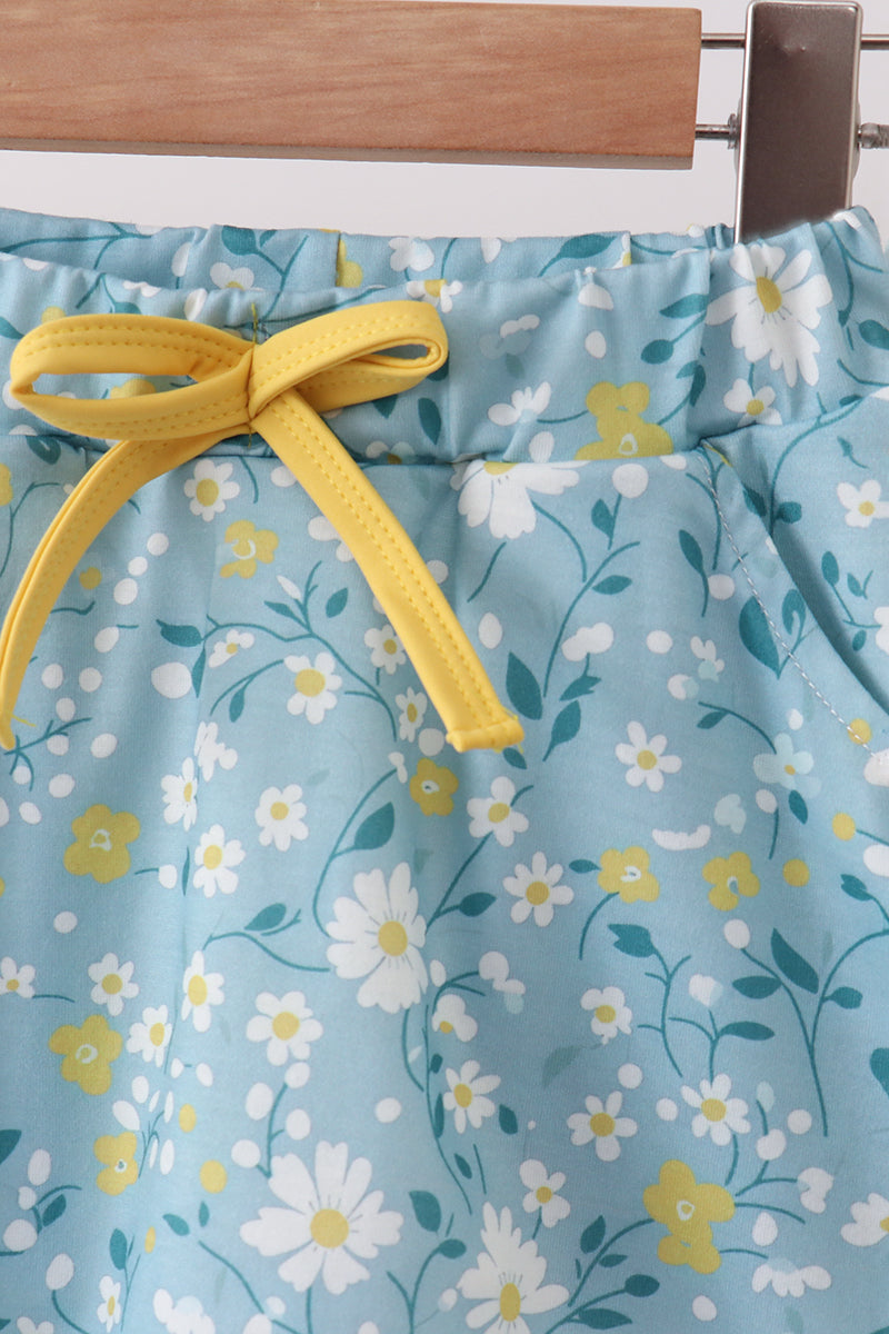 Mustard & Green Floral Bow Crop Top & Skorts Set for Girls