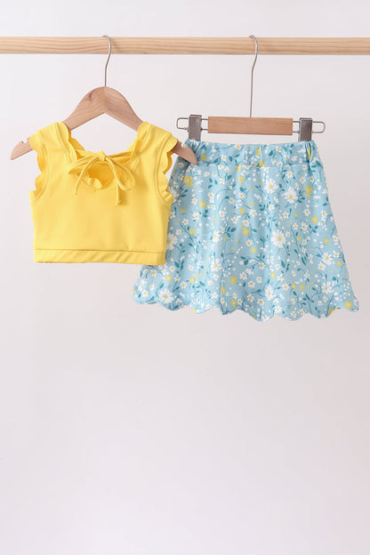 Mustard & Green Floral Bow Crop Top & Skorts Set for Girls