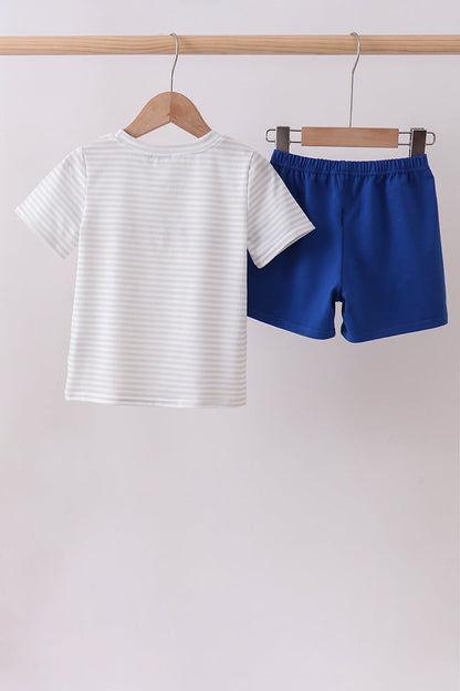 Navy bow applique stripe boy shorts set