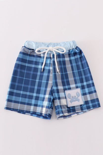Navy plaid crab embroidery boy swim trunks - Ella Jane Lifestyle Boutique