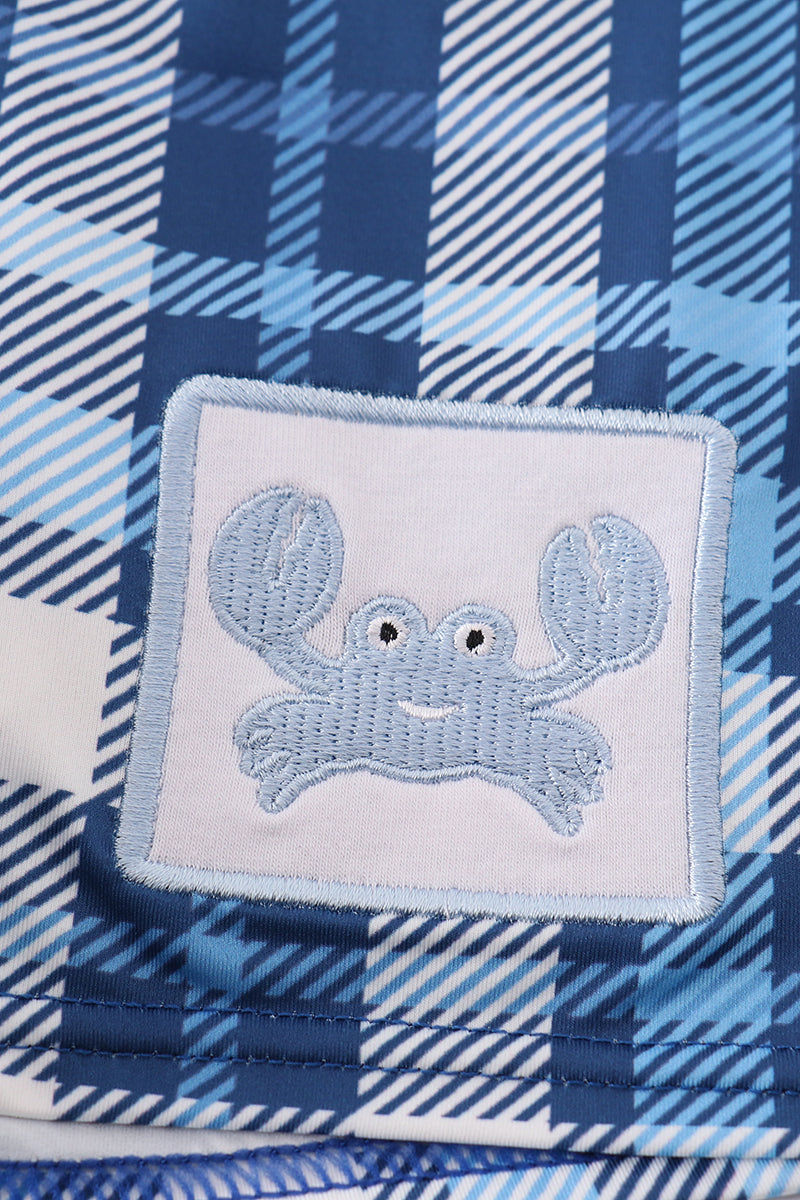Navy plaid crab embroidery boy swim trunks - Ella Jane Lifestyle Boutique