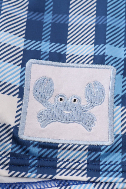 Navy plaid crab embroidery boy swim trunks - Ella Jane Lifestyle Boutique