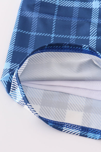 Navy plaid crab embroidery boy swim trunks - Ella Jane Lifestyle Boutique