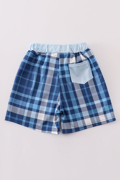 Navy plaid crab embroidery boy swim trunks - Ella Jane Lifestyle Boutique