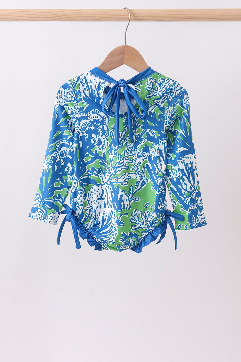 Ocean Garden Print Girls Rashguard Swimsuit