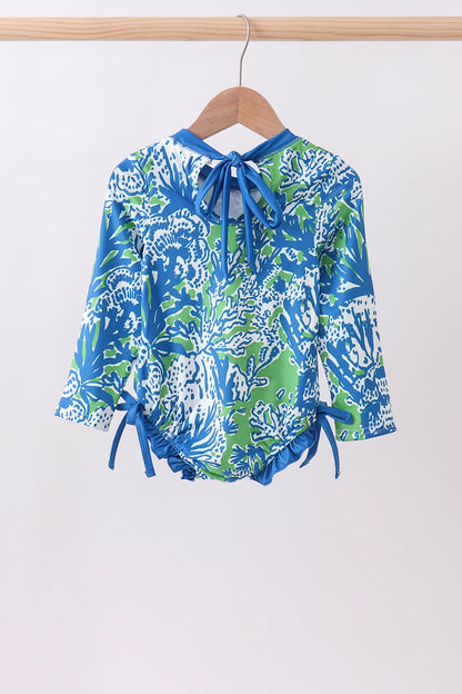 Ocean Garden Print Girls Rashguard Swimsuit