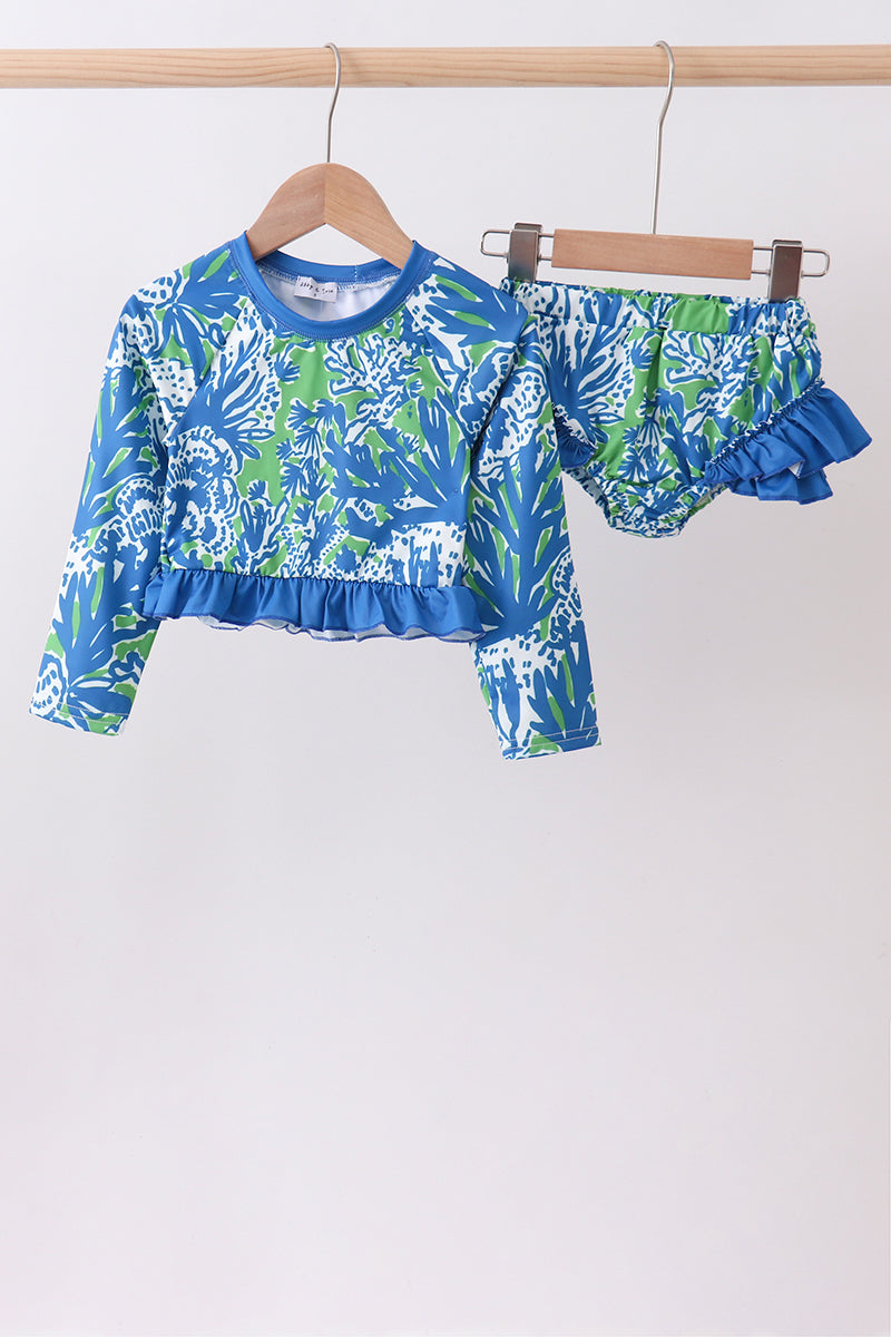 Ocean Garden Print Ruffle Rashguard Set for Girls
