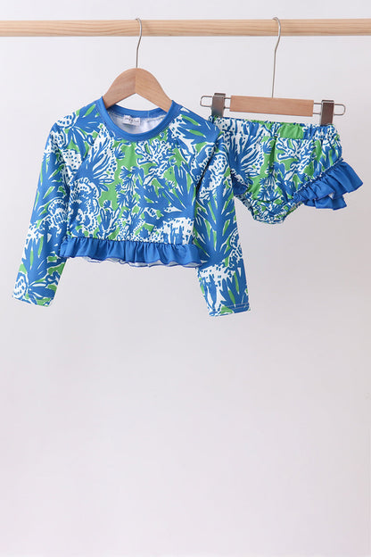 Ocean Garden Print Ruffle Rashguard Set for Girls