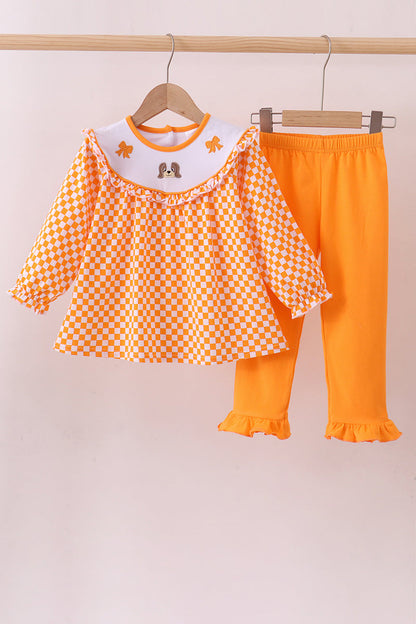 Conjunto de pantalones con volantes a cuadros y bordado de lazo de cachorro de Tennessee naranja