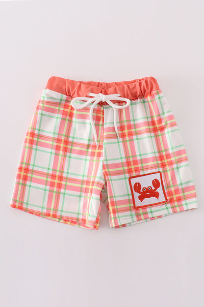 Orange plaid crab embroidery boy swim trunks - Ella Jane Lifestyle Boutique