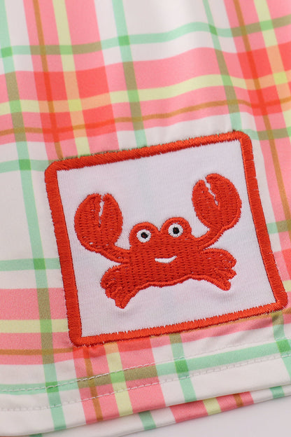 Orange plaid crab embroidery boy swim trunks - Ella Jane Lifestyle Boutique