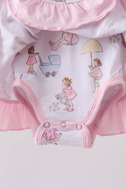 Baby bodysuit with cartoon designs on a white background