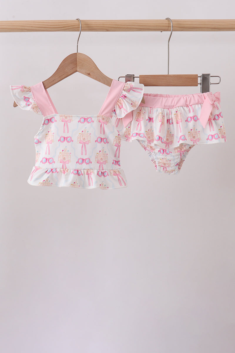 Pink Bow Castle Ruffle 2-Piece Girls Swimsuit