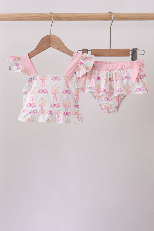 Pink Bow Castle Ruffle 2-Piece Girls Swimsuit