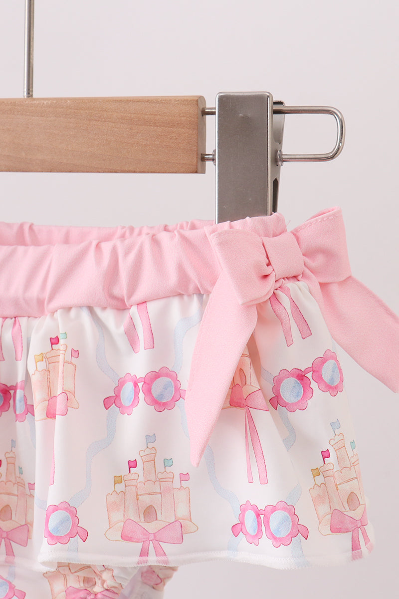 Pink Bow Castle Ruffle 2-Piece Girls Swimsuit
