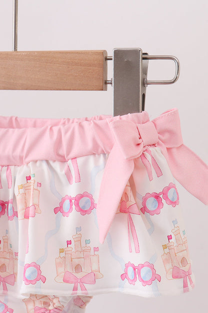 Pink Bow Castle Ruffle 2-Piece Girls Swimsuit