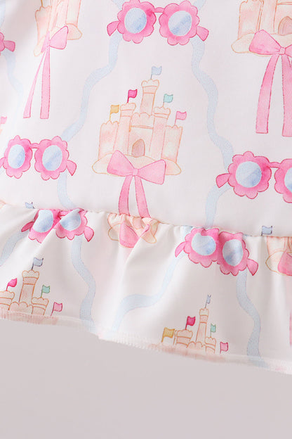 Pink Bow Castle Ruffle 2-Piece Girls Swimsuit