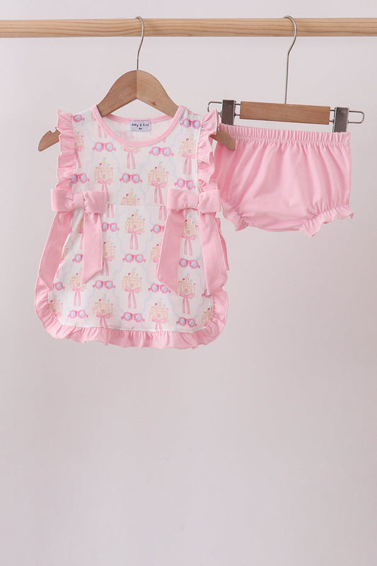 Pink Bow Castle Ruffle Baby Girl Bloomer Set
