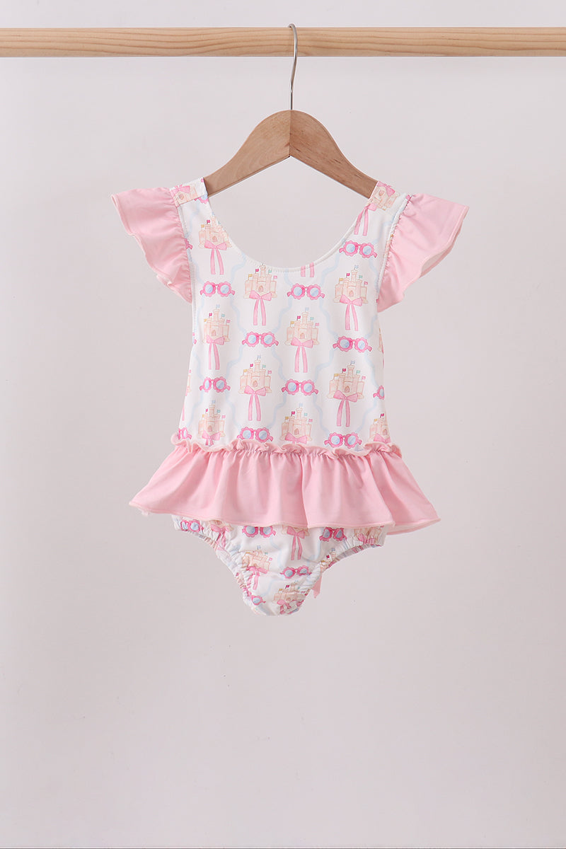 Pink Bow Castle Ruffle One-Piece Girls Swimsuit