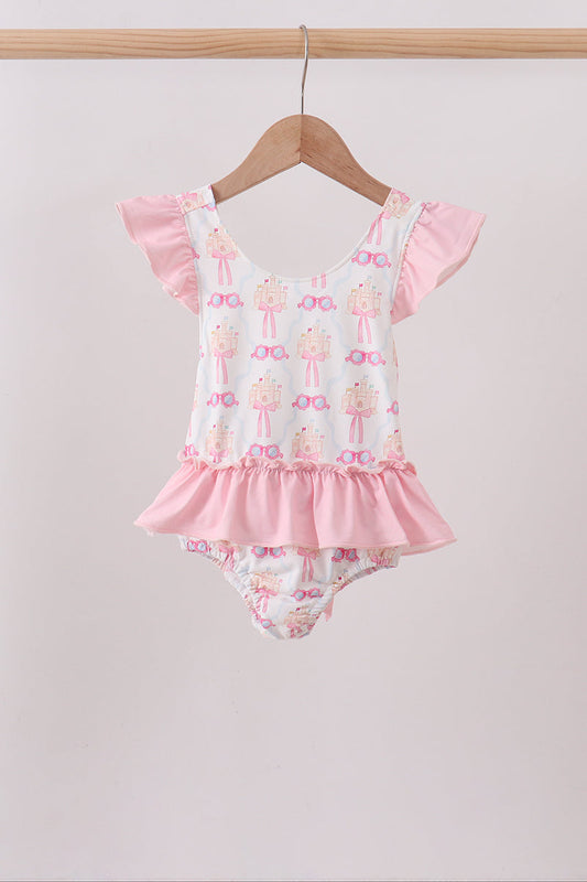 Pink Bow Castle Ruffle One-Piece Girls Swimsuit