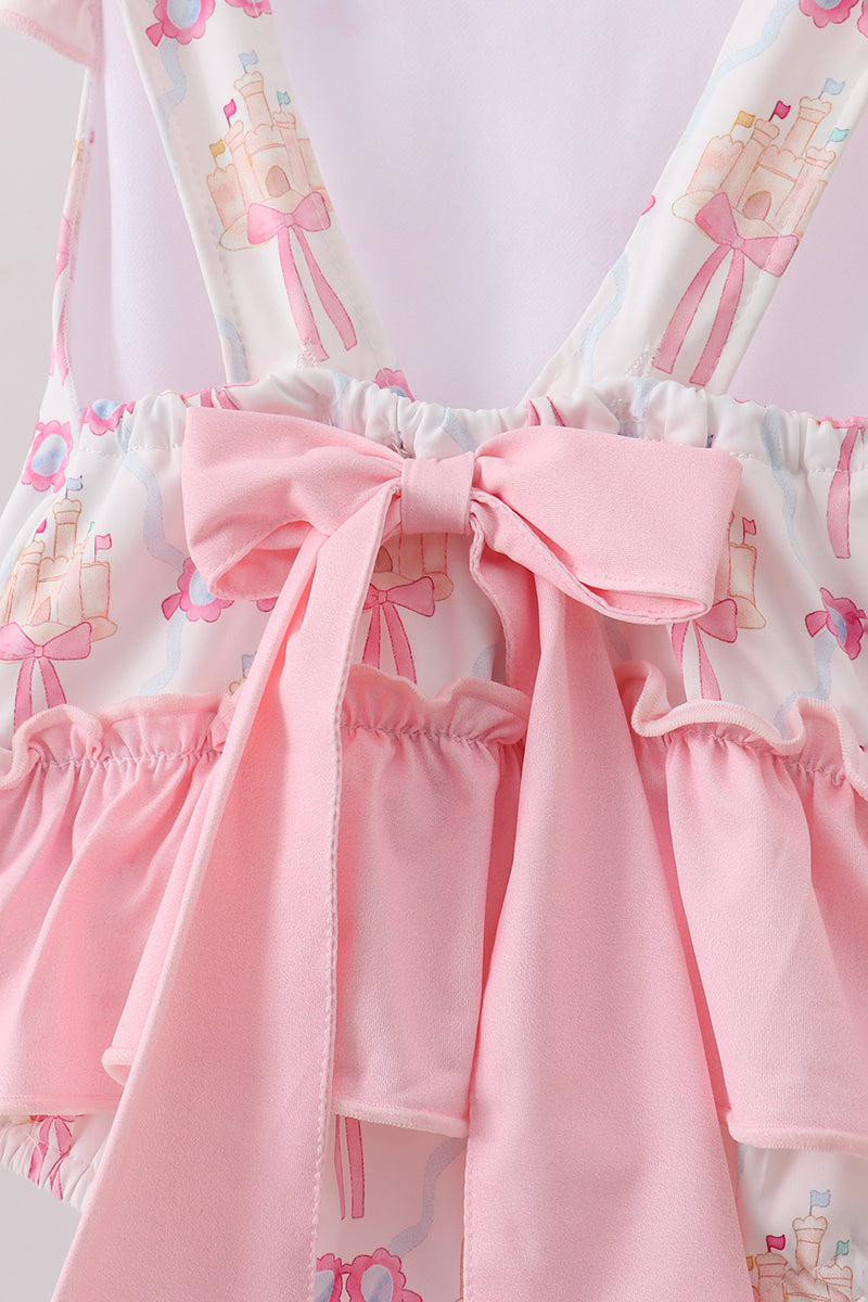 Pink Bow Castle Ruffle One-Piece Girls Swimsuit
