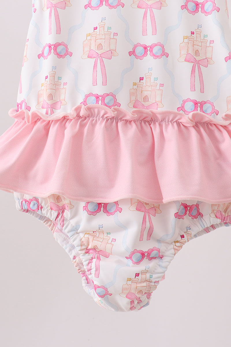 Pink Bow Castle Ruffle One-Piece Girls Swimsuit