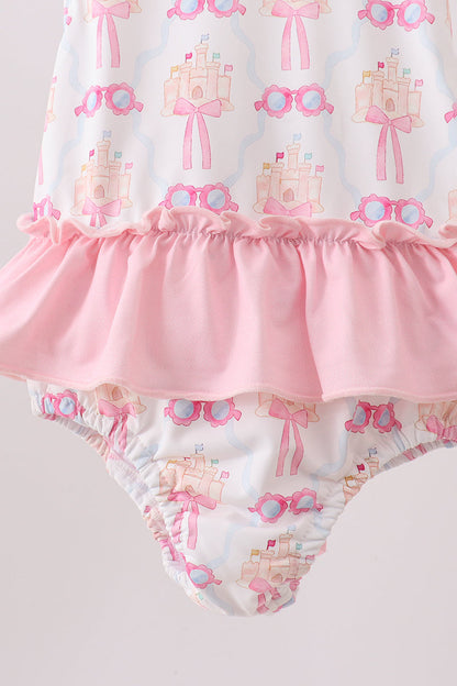 Pink Bow Castle Ruffle One-Piece Girls Swimsuit