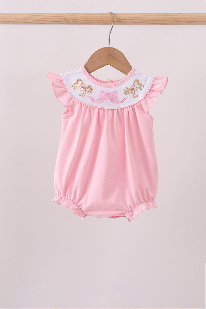 Pink Carousel Embroidery Ruffle Baby Girl Bubble