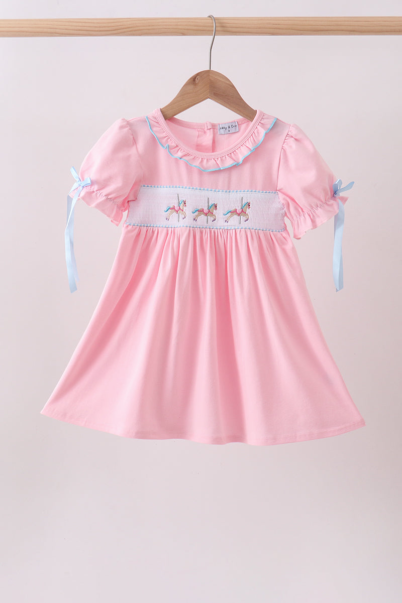 Children's boutique Pink Carousel Print Smocked Ruffle Girls Dress