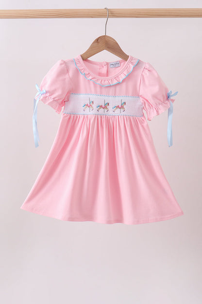 Children's boutique Pink Carousel Print Smocked Ruffle Girls Dress