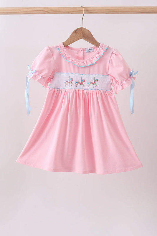 Children's boutique Pink Carousel Print Smocked Ruffle Girls Dress
