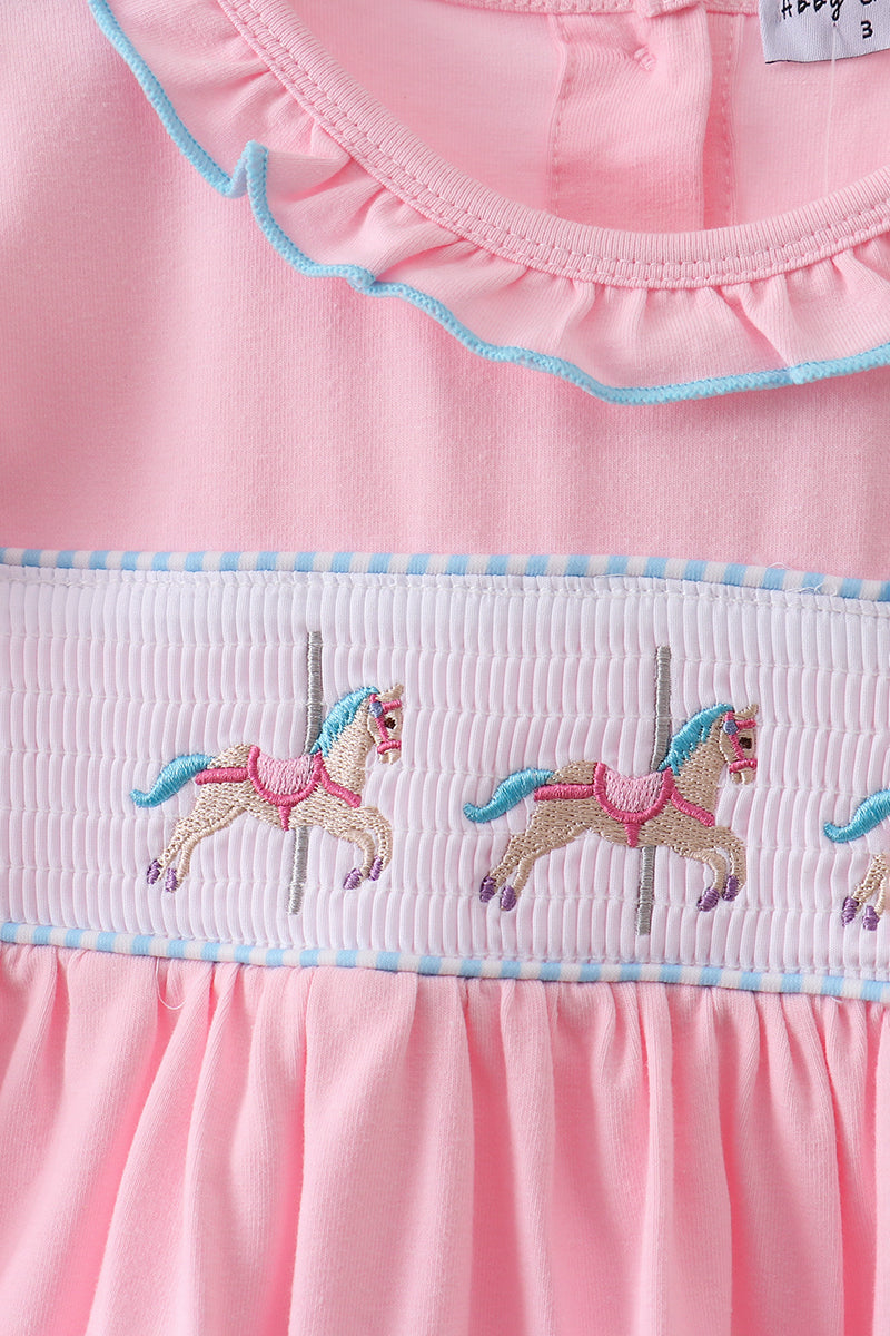 Pink Carousel Print Smocked Ruffle Girls Dress