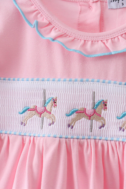 Pink Carousel Print Smocked Ruffle Girls Dress