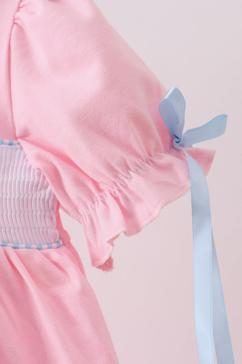 Pink Carousel Print Smocked Ruffle Girls Dress