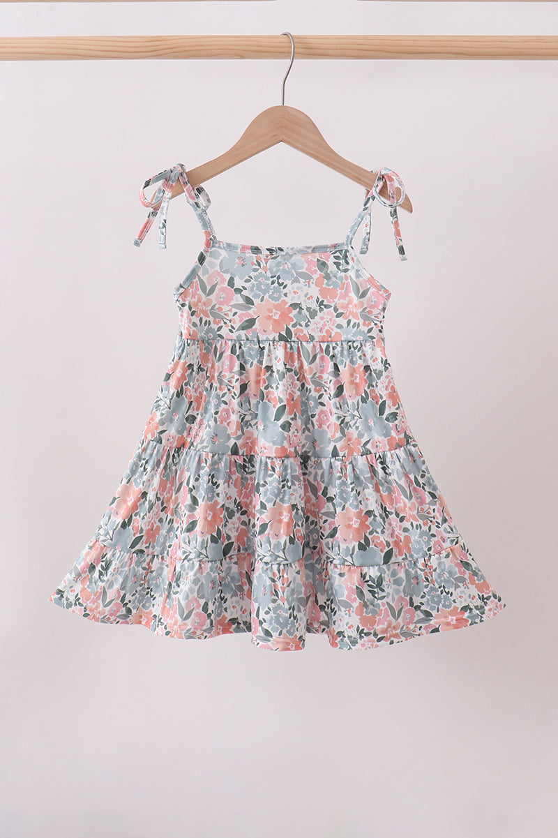 Pink Floral Knit Tiered Girls Dress