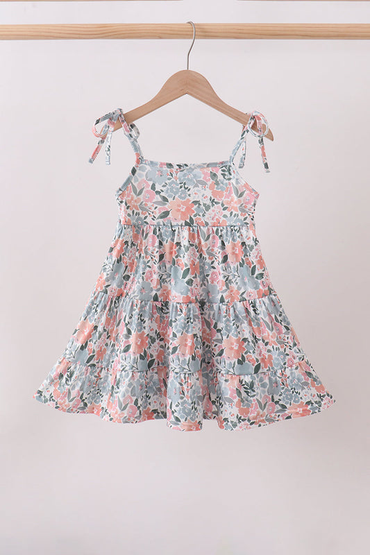 Pink Floral Knit Tiered Girls Dress