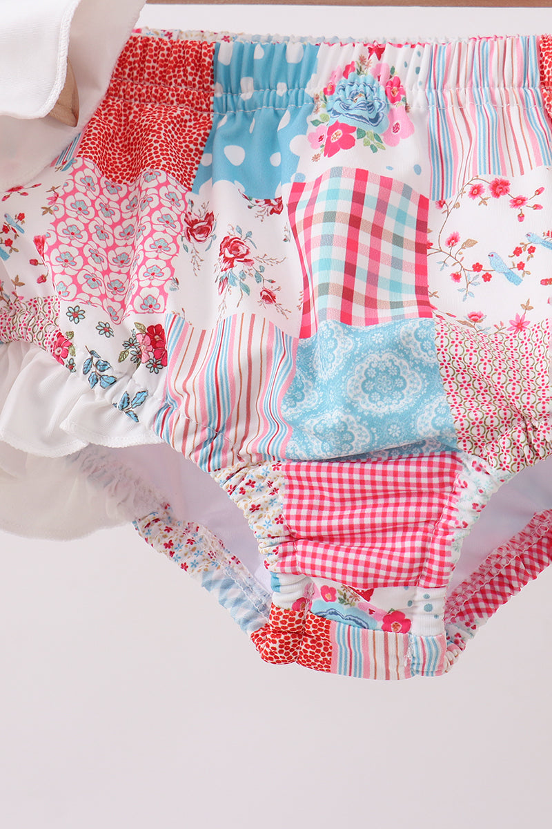 Pink Floral Patchwork Ruffle 2-Piece Girls Swimsuit