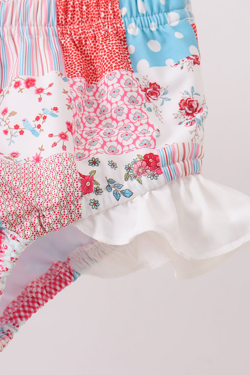 Pink Floral Patchwork Ruffle 2-Piece Girls Swimsuit