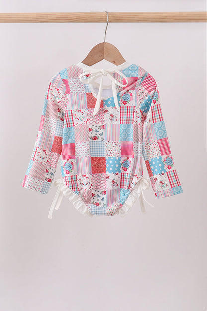 Pink Floral Patchwork Ruffle Rashguard for Girls