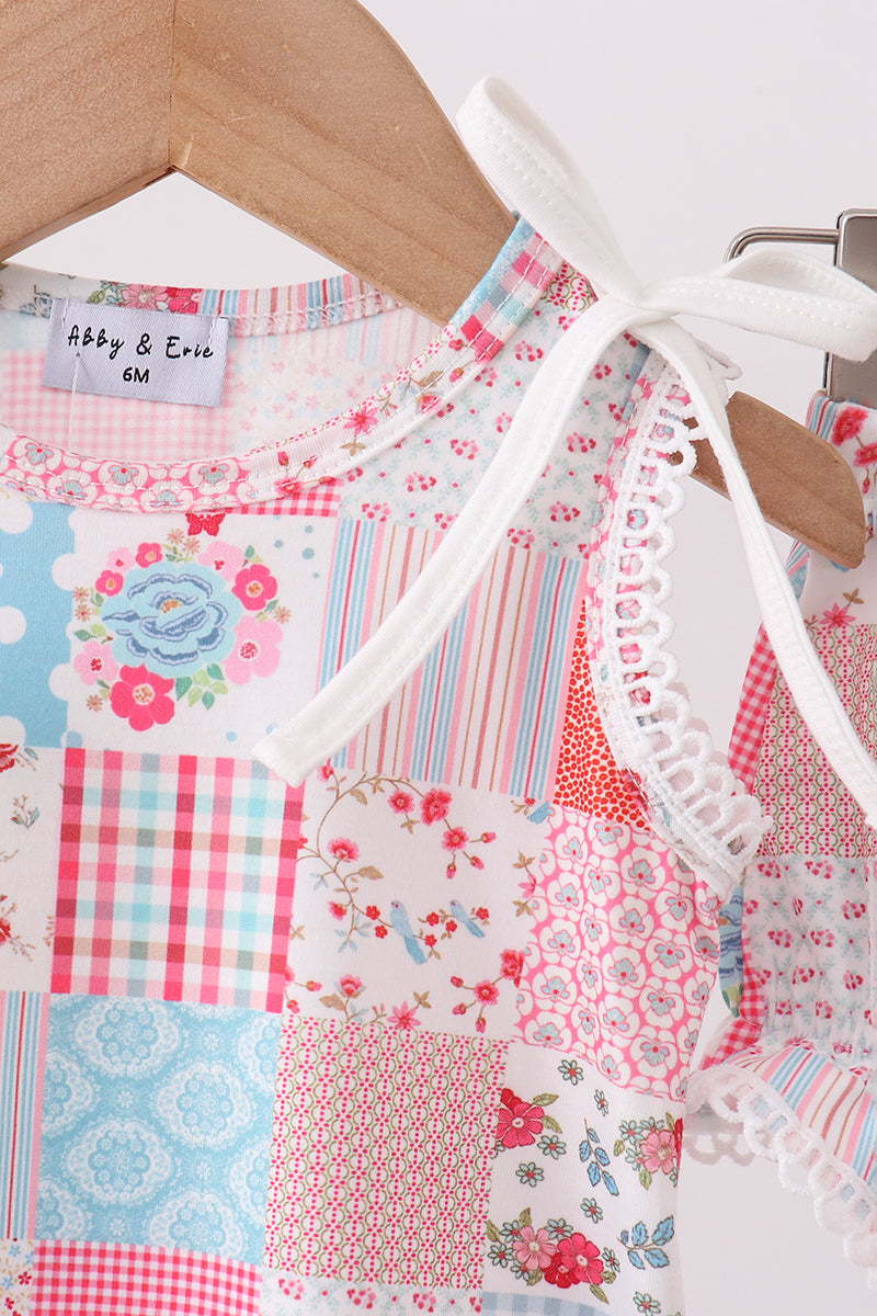 Pink Floral Patchwork Scalloped Bloomer Set for Baby Girls