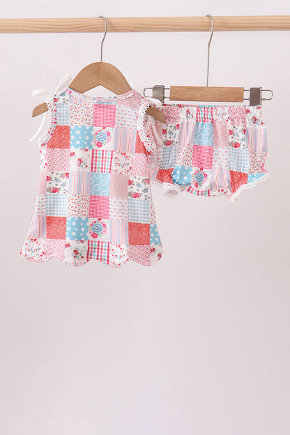 Pink Floral Patchwork Scalloped Bloomer Set for Baby Girls