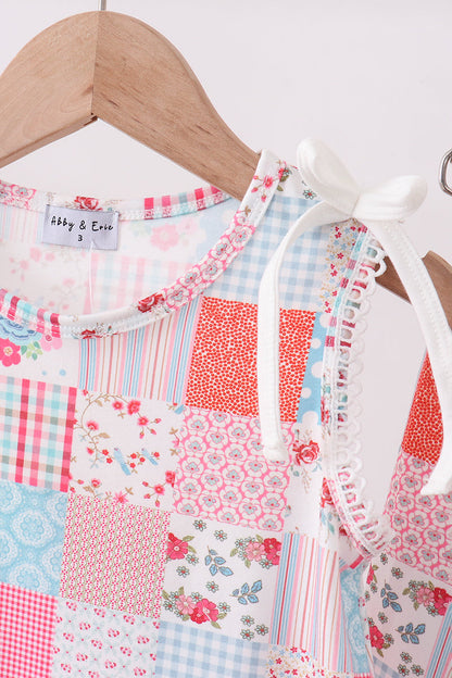 Pink Floral Patchwork Scalloped Ruffle Shorts Set for Girls