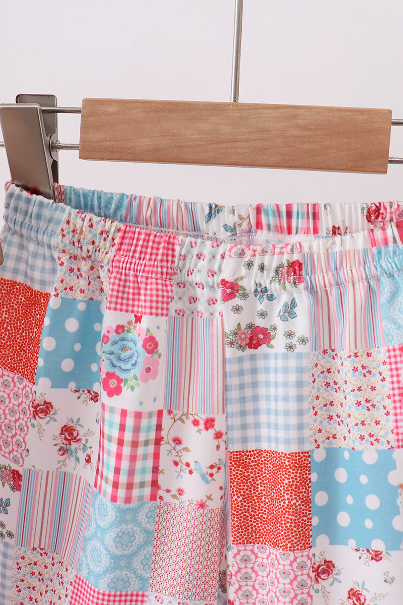 Pink Floral Patchwork Scalloped Ruffle Shorts Set for Girls