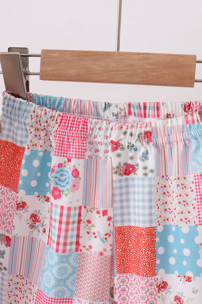 Pink Floral Patchwork Scalloped Ruffle Shorts Set for Girls