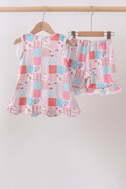 Pink Floral Patchwork Scalloped Ruffle Shorts Set for Girls