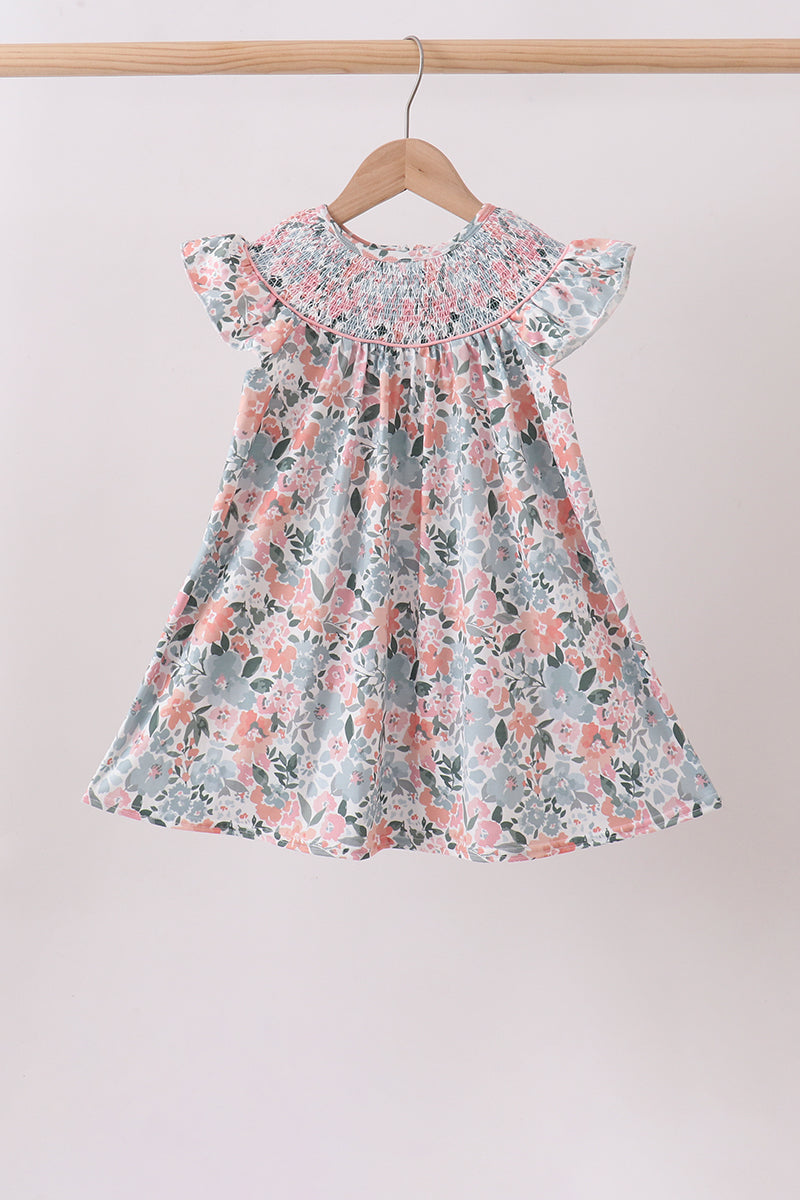 Pink Floral Smocked Knit Girls Dress