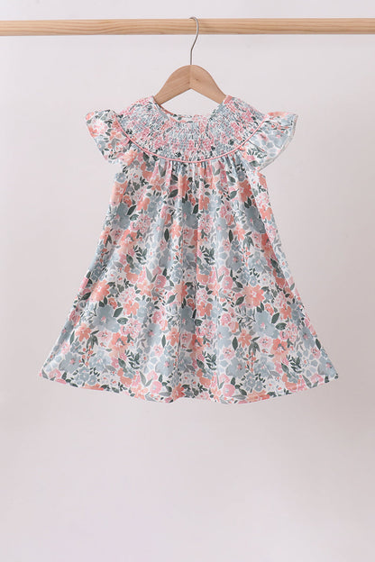 Pink Floral Smocked Knit Girls Dress