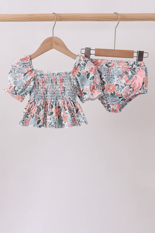 Pink Floral Smocked UPF 2-Piece Girls Swim Set