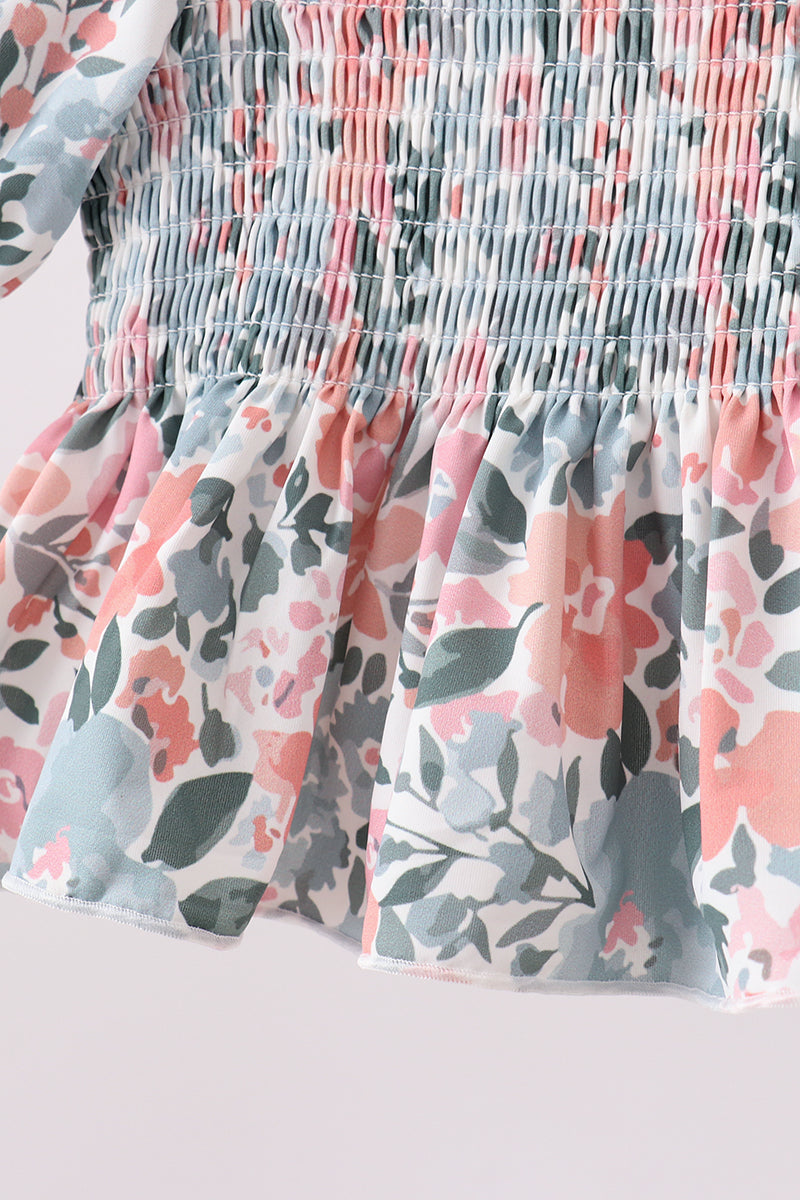 Pink Floral Smocked UPF 2-Piece Girls Swim Set